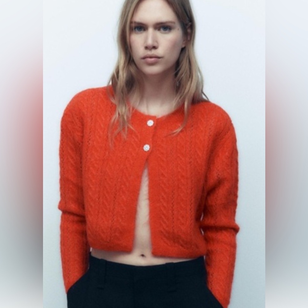 NEW Zara alpaca and wool blend cable knit cardigan 9598 186 SZ M